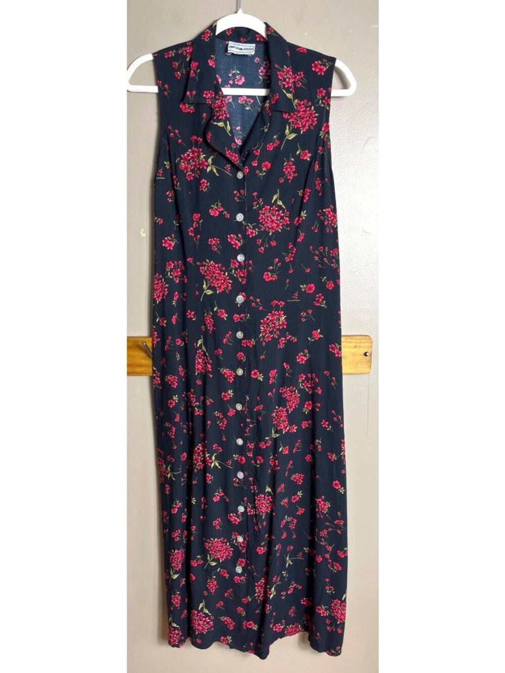 Vtg 90s Floral Midi Dress Black Red A-line Button Grunge Whimsigoth Jumper Wom M - Picture 8 of 9